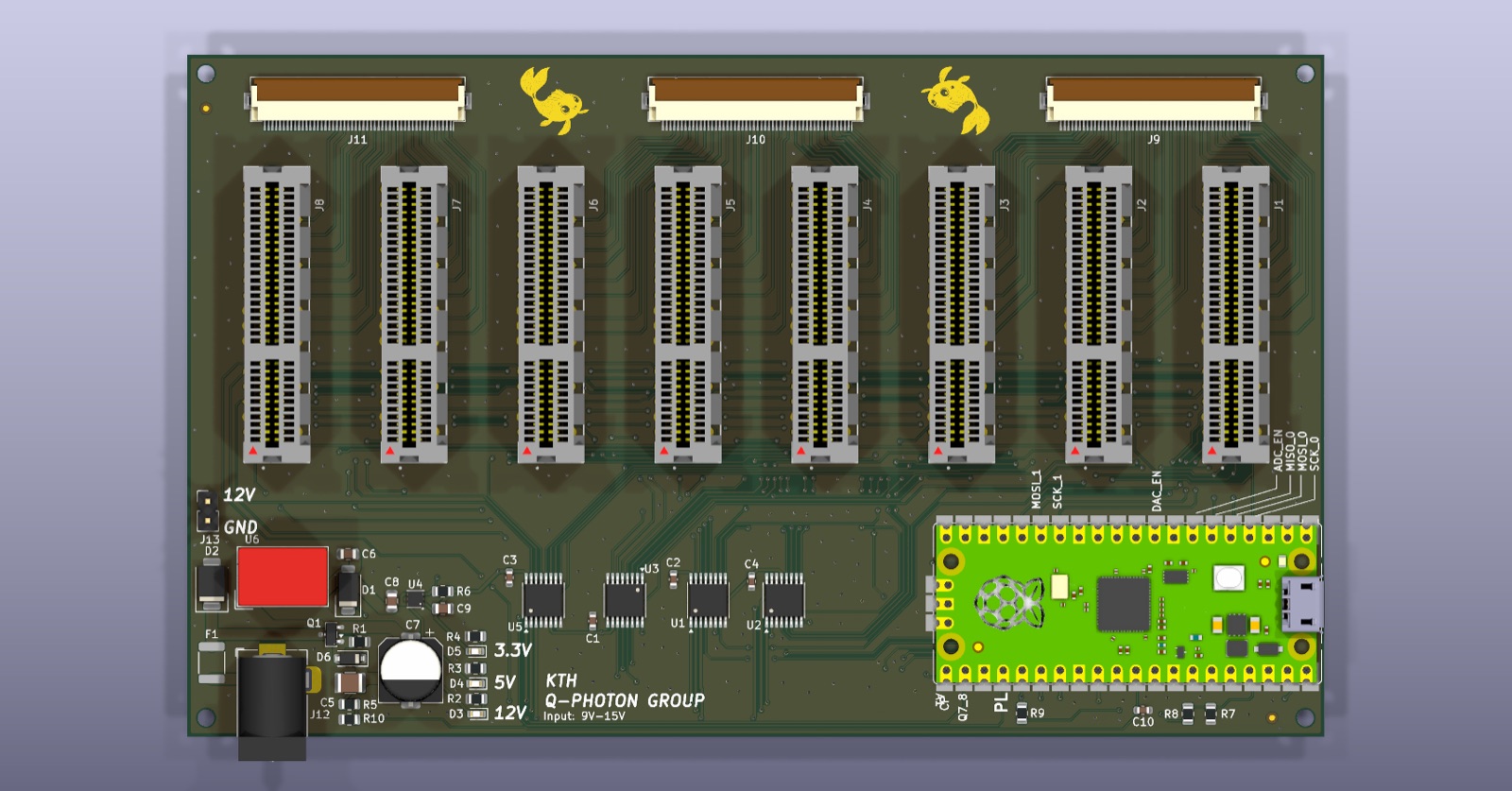 Render of the Koi 64 motherboard: eight hot-plug daughterboard slots and RP2040 controller