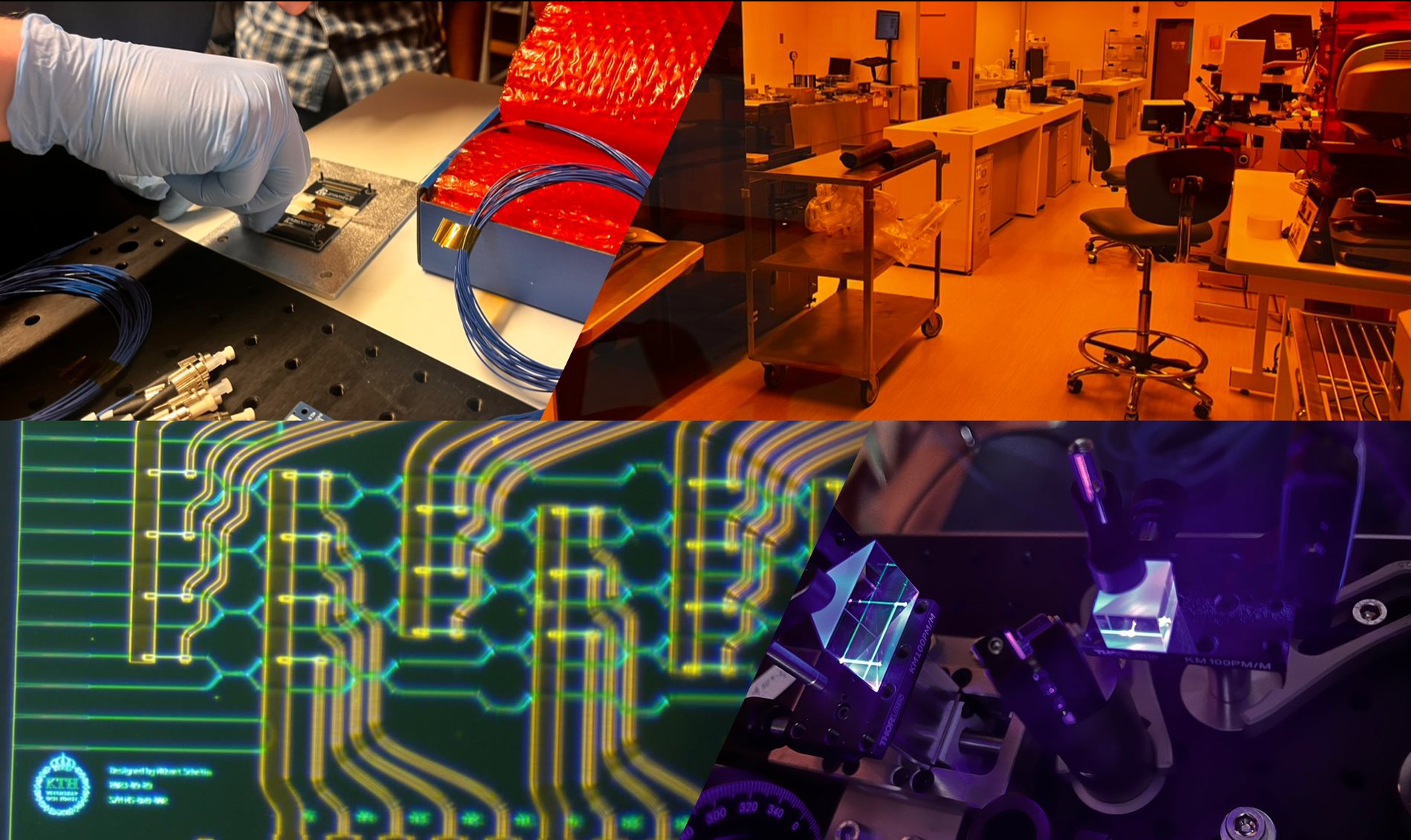 Inside the Noor Photonics lab: chip assembly on an optical table, the cleanroom, a programmable mesh under the microscope, and free-space quantum optics