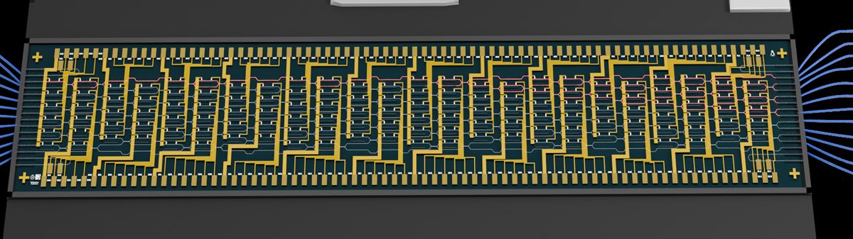 Rendered 12-mode photonic integrated circuit with fiber arrays
